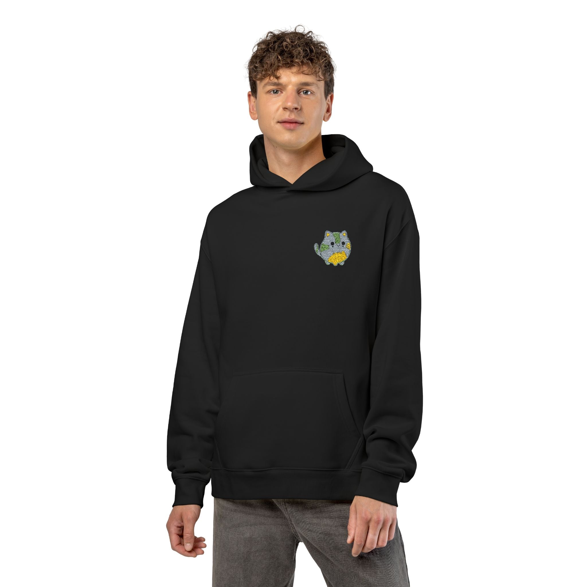 Relaxed Hoodie with Floral Kitty Patch — Cozy Black Cat Comfort Hoodie