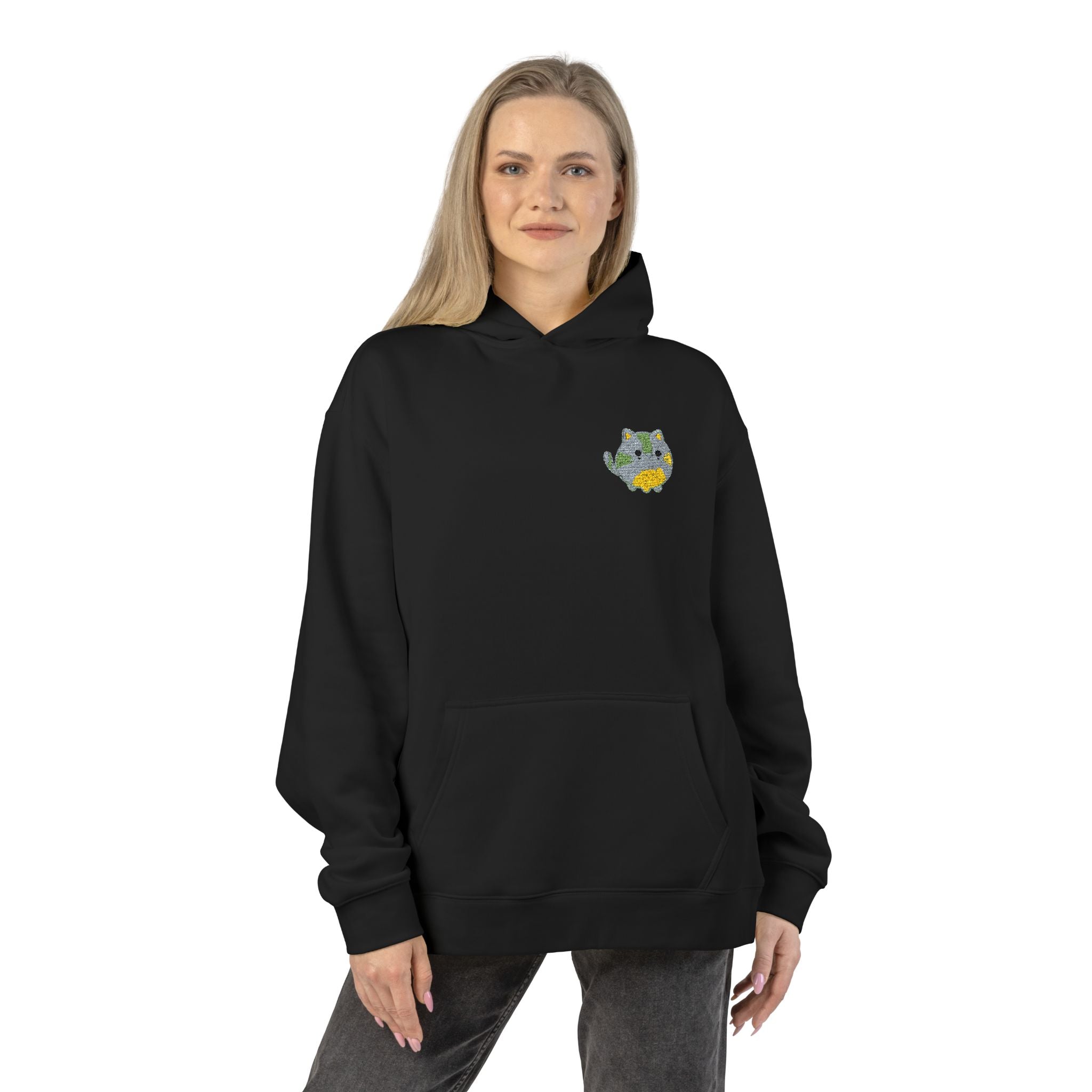 Relaxed Hoodie with Floral Kitty Patch — Cozy Black Cat Comfort Hoodie