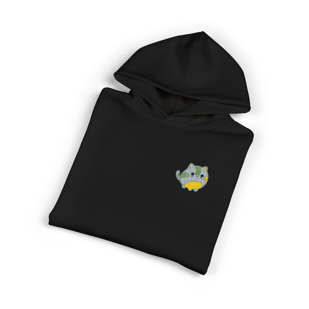 Relaxed Hoodie with Floral Kitty Patch — Cozy Black Cat Comfort Hoodie
