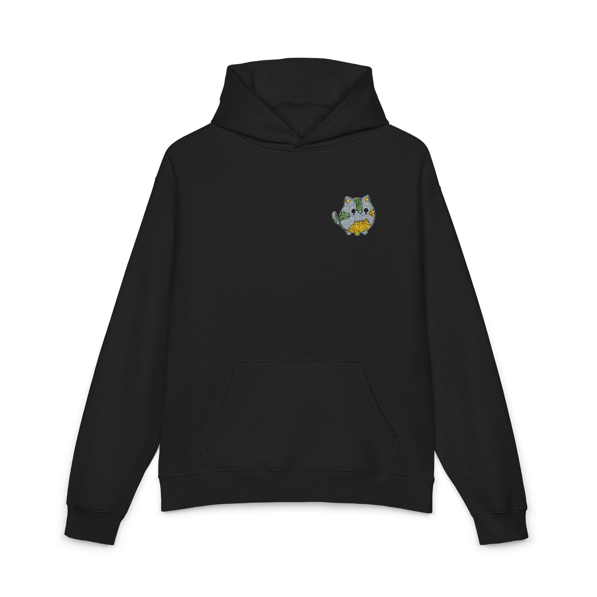 Relaxed Hoodie with Floral Kitty Patch — Cozy Black Cat Comfort Hoodie