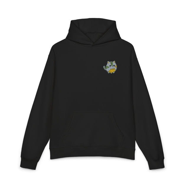 Relaxed Hoodie with Floral Kitty Patch — Cozy Black Cat Comfort Hoodie